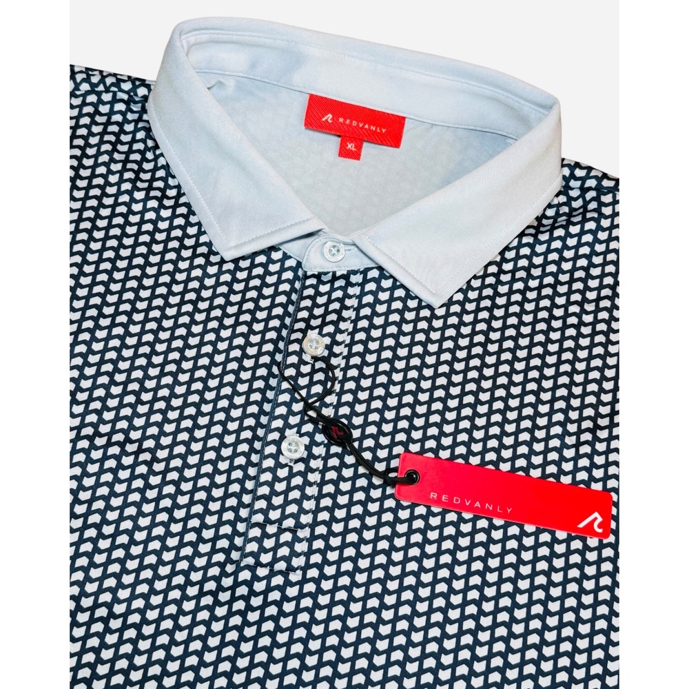 REDVANLY Graine Golf Polo Shirt Mens XL Blue Geo Performance Short Sleeve NWT